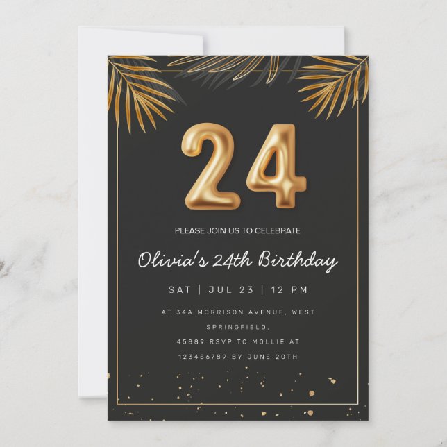 Invitation Palmier Tropical d'or Feuille 24e anniversaire (Devant)
