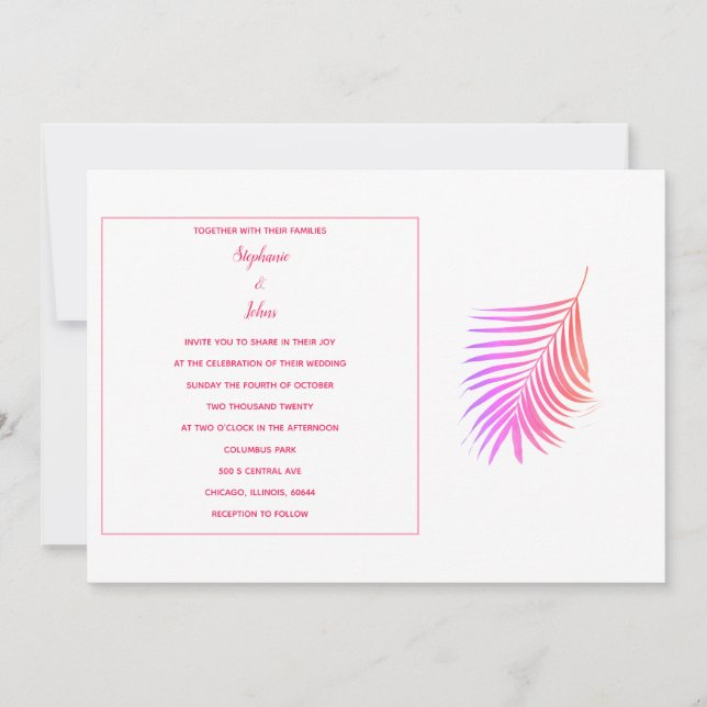 Invitation Palmier Tropical Feuille Rose Moderne Mariage élég (Devant)
