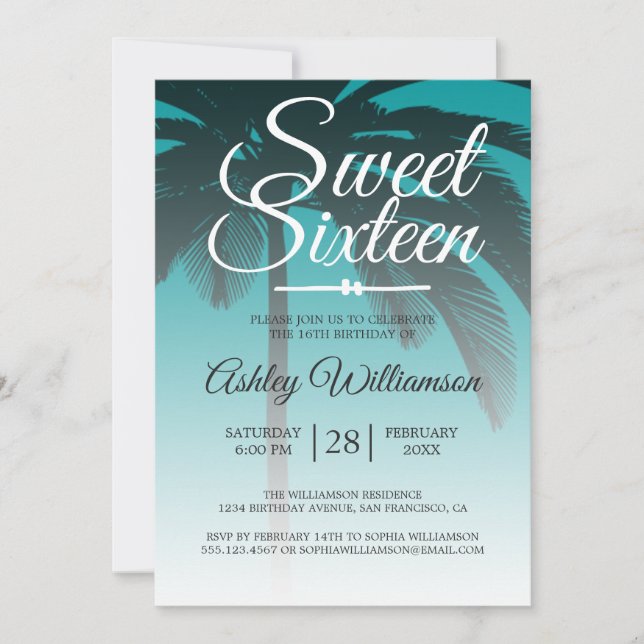 Invitation Palmier tropical Green Sweet 16 16e anniversaire (Devant)