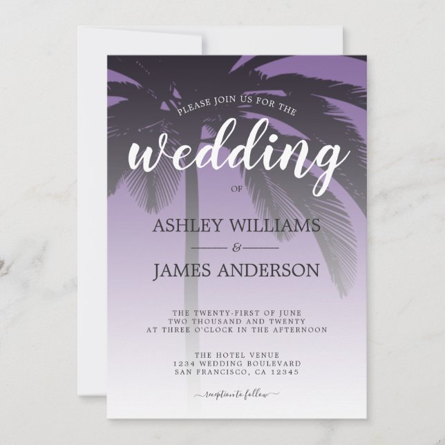 Invitation Palmier tropical Mariage plage violet (Devant)