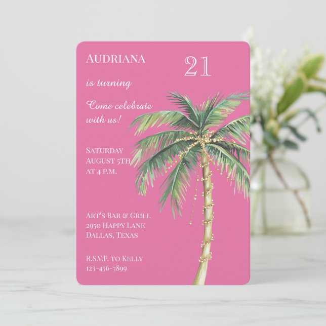 Invitation Palmier Tropical Pink Gold Anniversaire (Debout devant)