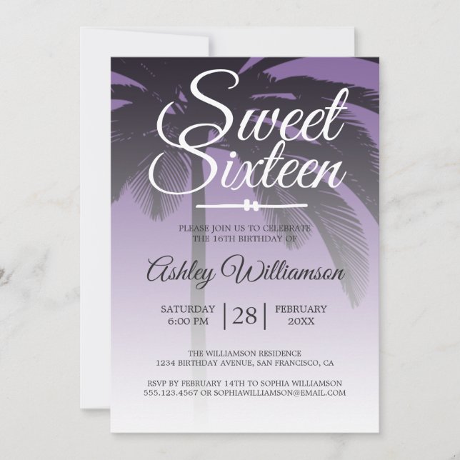 Invitation Palmier tropical Purple Sweet 16 16e anniversaire (Devant)