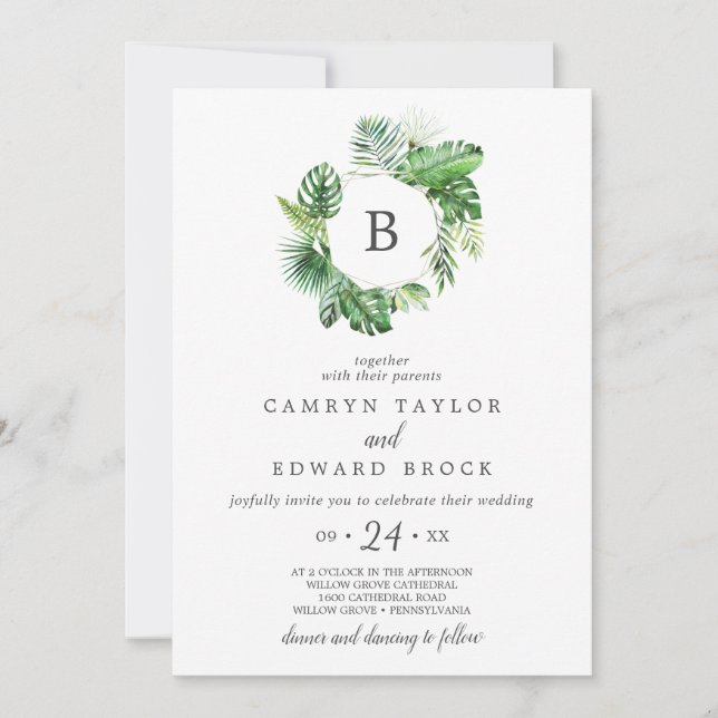 Invitation Palmier tropical sauvage Mariage monogramme (Devant)