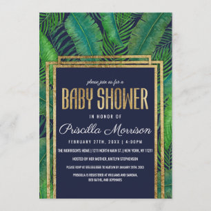 Invitation Palmier tropical Vert Baby shower Bleu Or