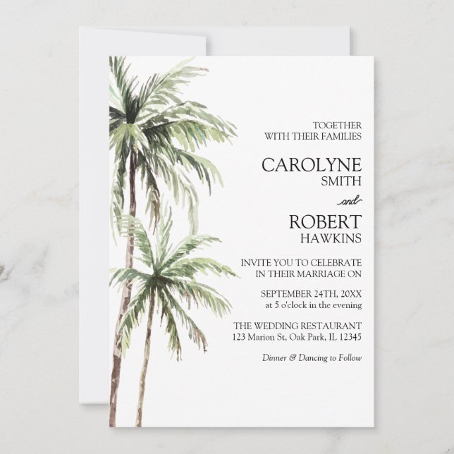 Invitation Palmiers Aquarelle Tropicale Tout en un Mariage (Devant)