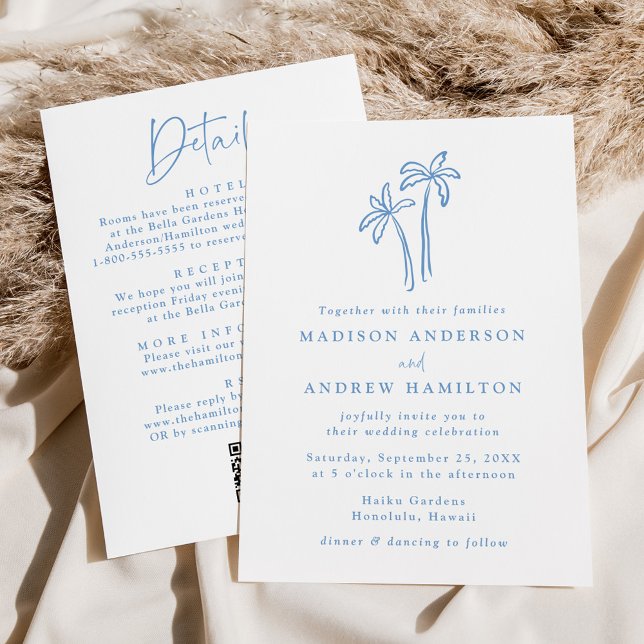 Invitation Palmiers bleus modernes QR Code Tout en un Mariage (Créateur téléchargé)