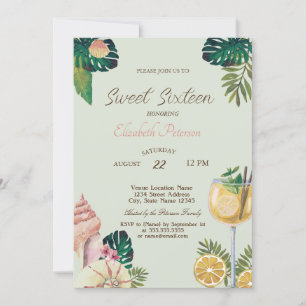 Invitation Palmiers, Cocktails, Coquillages Fête Douce 16ème