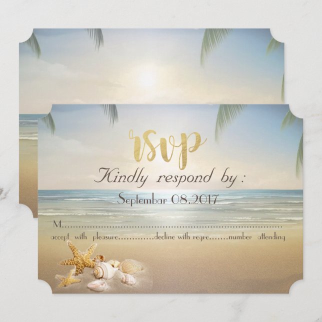 Invitation Palmiers Coucher de soleil Plage  Coquillages RSVP (Devant / Derrière)