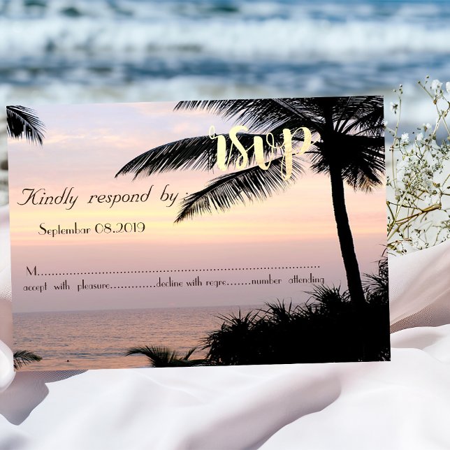 Invitation Palmiers de mariage de plage Coucher de soleil RSV (Créateur téléchargé)