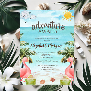 Invitation Palmiers de plage flamants roses cocktails