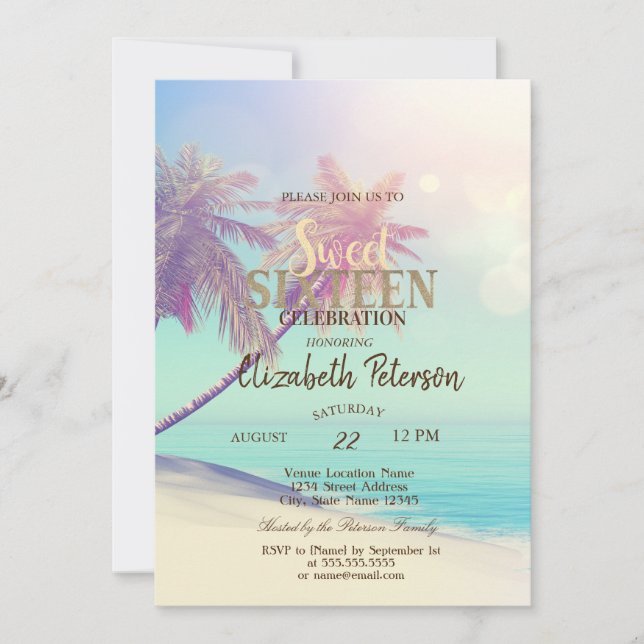Invitation Palmiers de Plage Tropicale Fête Douce 16 d'Été (Devant)