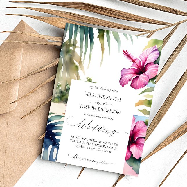 Invitation Palmiers de plage tropicaux hibiscus mariage modèl (Tropical beach wedding template invitation digital download palm trees leaves pink hibiscus)
