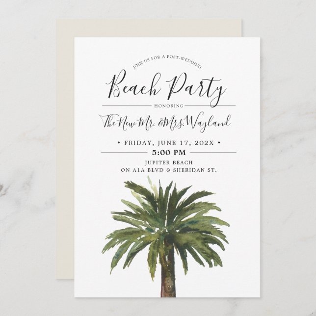 Invitation Palmiers Dusty | Sand Post Mariage Beach Party (Devant / Derrière)