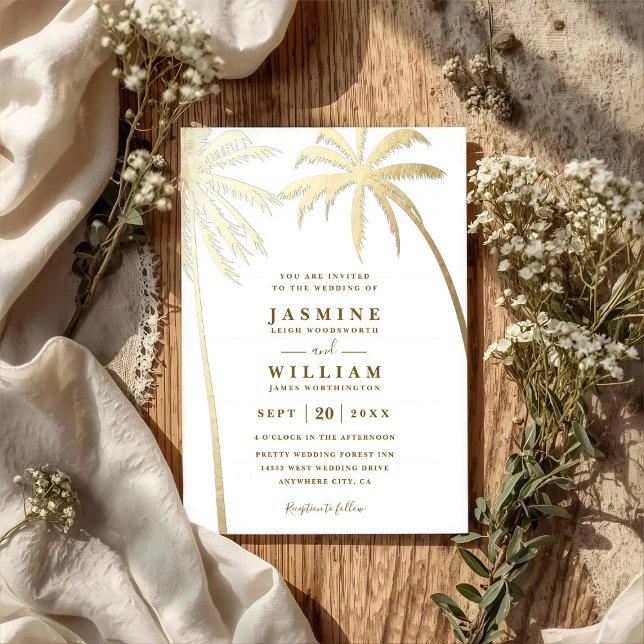 Invitation Palmiers Élégant Moderne Code QR Doré Mariage (Créateur téléchargé)