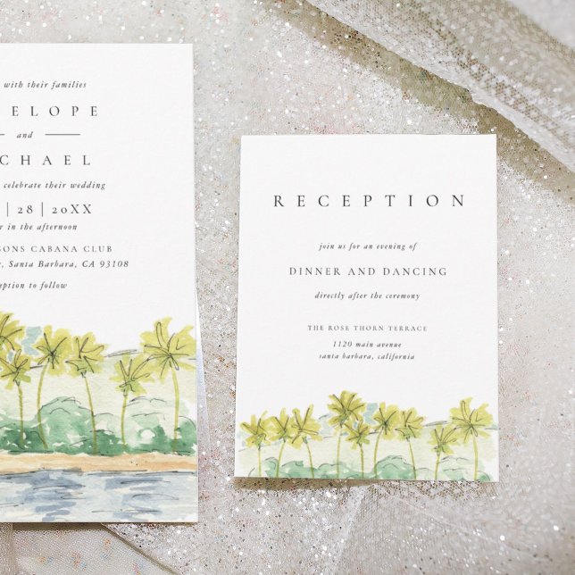 Invitation Palmiers Espace Réception Mariage Tropical (Watercolor palm trees beach scene wedding reception information enclosure cards.)