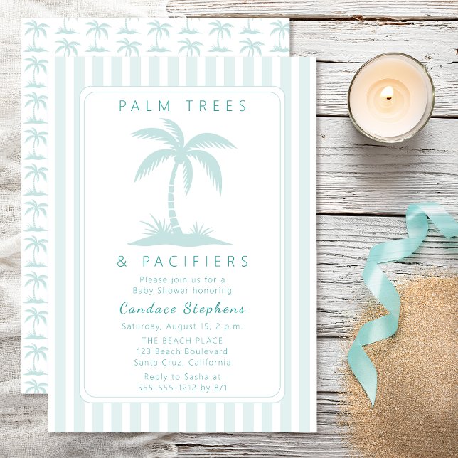 Invitation Palmiers et Tétines Fête de Naissance Bleue Côtièr (Elegant aqua palm tree "Palm Trees and Pacifiers" baby shower invitation with preppy coastal stripes)