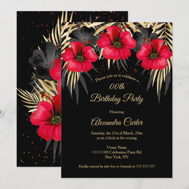 Invitation Palmiers Fleuris Exotiques Rouge Noir Or Fête d'an (Devant / Derrière)