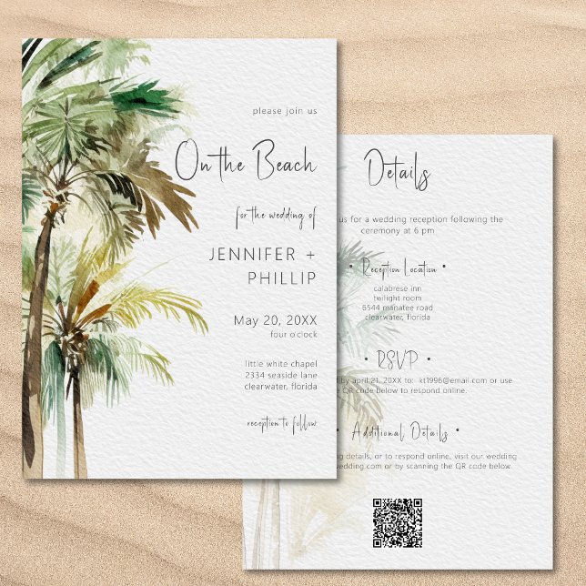 Invitation Palmiers Modernes Sur La Plage Mariage Deux Côtés (Palm Trees Modern On the Beach Wedding Two Sided Invitation)