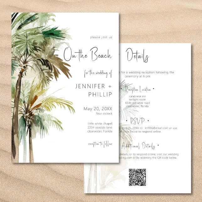 Invitation Palmiers Modernes Sur La Plage Mariage Deux Côtés (Palm Trees Modern On the Beach Wedding Two Sided Invitation)