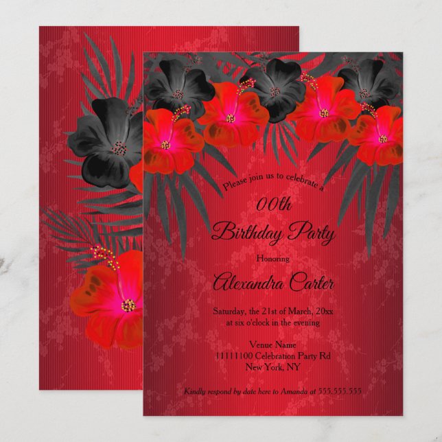Invitation Palmiers noirs rouges Hibiscus Damask Anniversaire (Devant / Derrière)