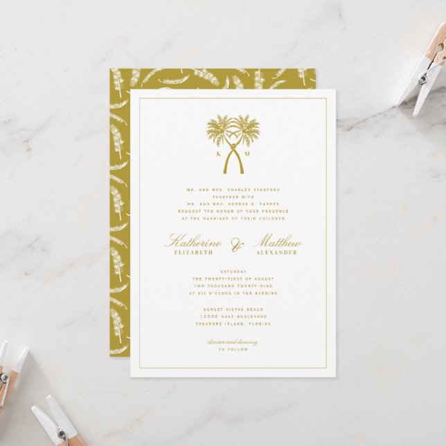 Invitation Palmiers noués Destination Tropicale Mariage (Devant/Arrière en situation)