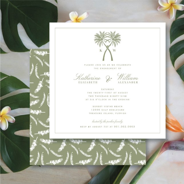 Invitation Palmiers noués Monogram Beach Engagement Party (Knotted Palm Trees Monogram Beach Engagement Party Invitation @ fatfatin_blue_knot)
