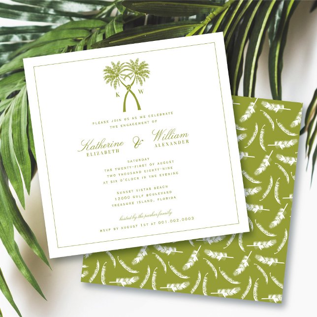 Invitation Palmiers noués Monogram Beach Engagement Party (Knotted Palm Trees Monogram Tropical Beach Engagement Party Invitation @ fatfatin_blue_knot)