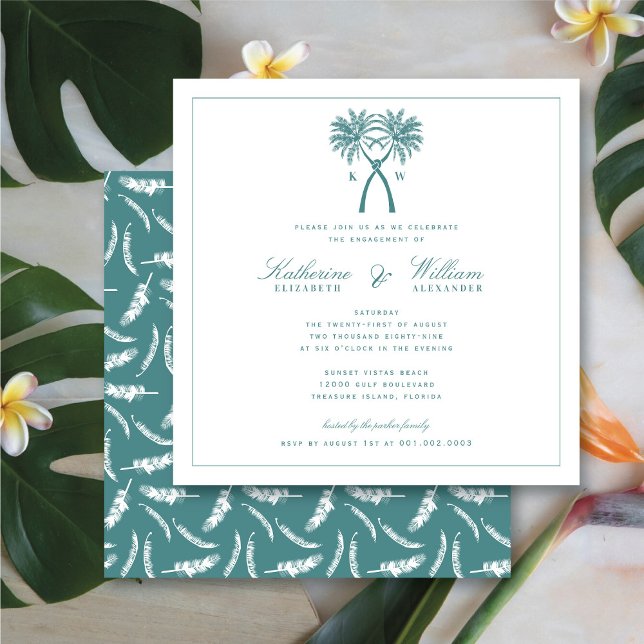 Invitation Palmiers noués Monogramme Fête de fiançailles de p (Knotted Palm Trees Monogram Beach Engagement Party Invitation @ fatfatin_blue_knot)