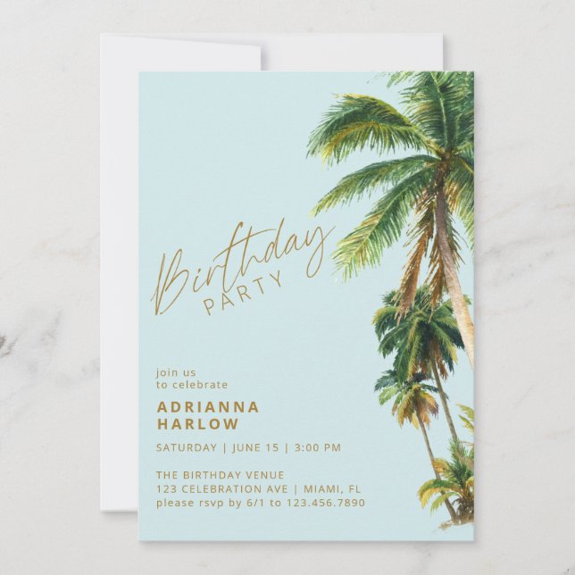 Invitation Palmiers | Pastel Sky Blue Beach Fête d'anniversai (Devant)