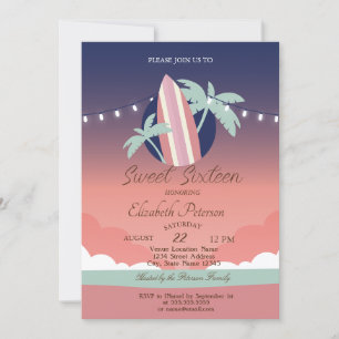 Invitation Palmiers, Planche de surf Summer Sweet 16 Party