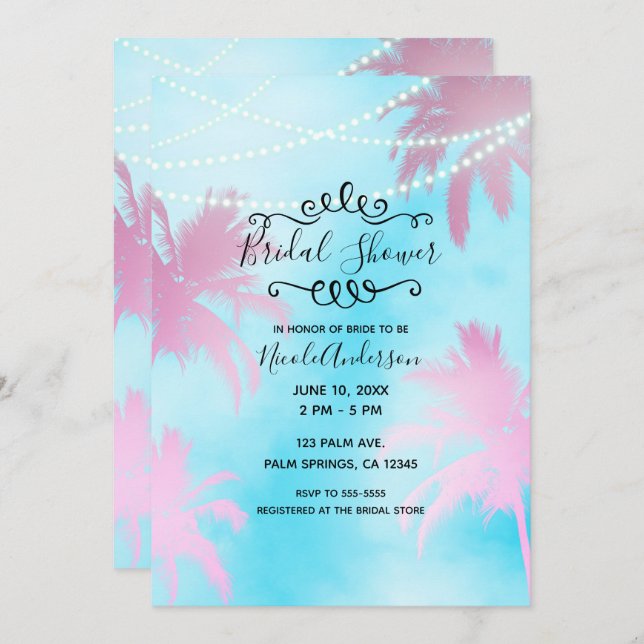 Invitation Palmiers roses Ciel bleu et Fête des mariées Lumiè (Devant / Derrière)