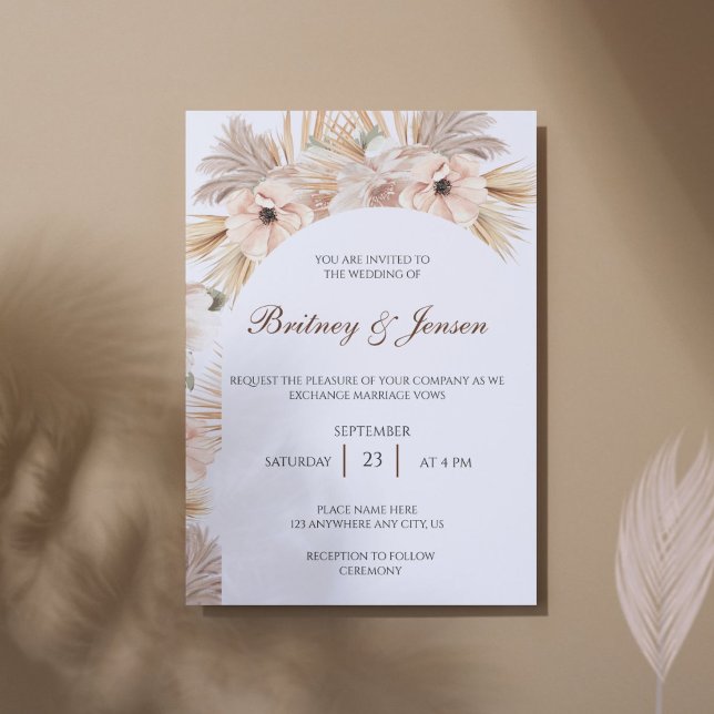 Invitation Palmiers séchés et style Boho feuille pour mariage (Modern boho wedding invitation with pampas grass arch and elegant minimalist typography.)
