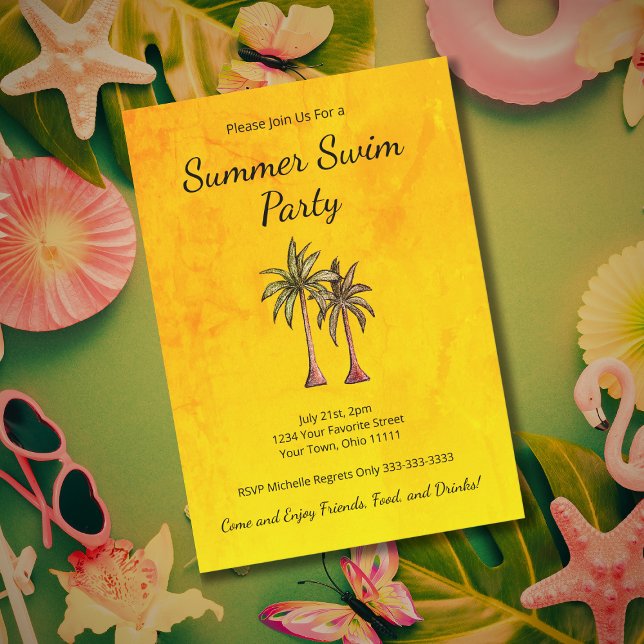 Invitation Palmiers Tropical Gold Summer Swim Pool Party (Créateur téléchargé)