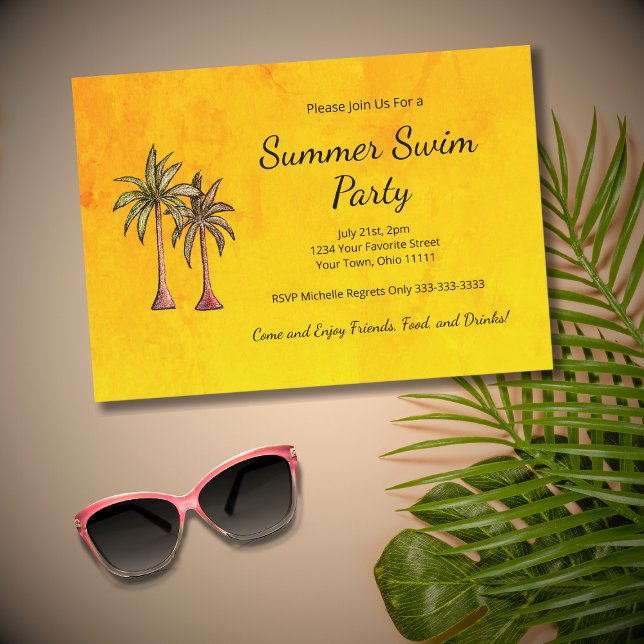 Invitation Palmiers Tropicaux Bright Gold Summer Swim Party (Créateur téléchargé)