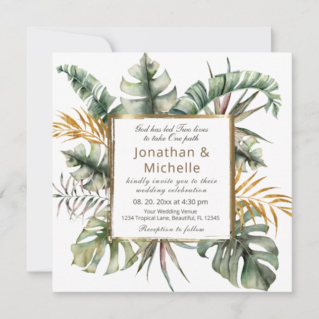 Invitation Palmiers tropicaux Eucalyptus Floral Mariage chrét (Devant)