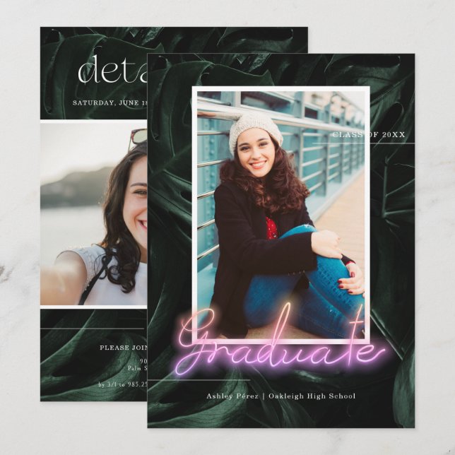 Invitation Palmiers tropicaux Neon | Graduation Photo Party (Devant / Derrière)