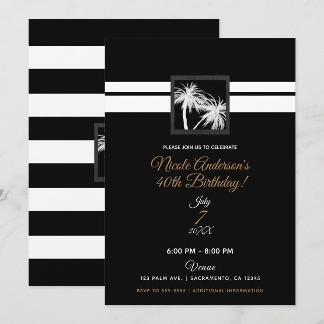 Invitation Palmiers tropicaux Noir Blanc Moderne Anniversaire (Devant / Derrière)