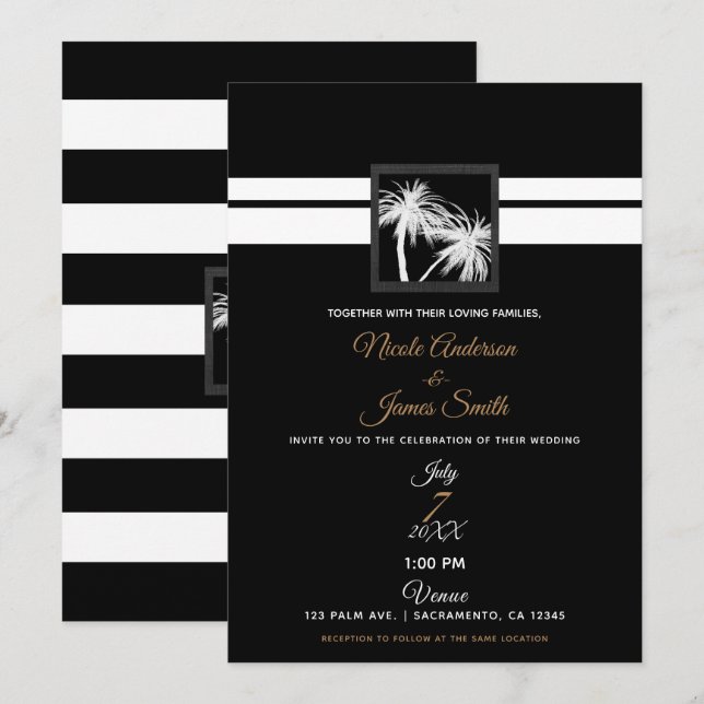 Invitation Palmiers tropicaux noirs et blancs Mariage moderne (Devant / Derrière)