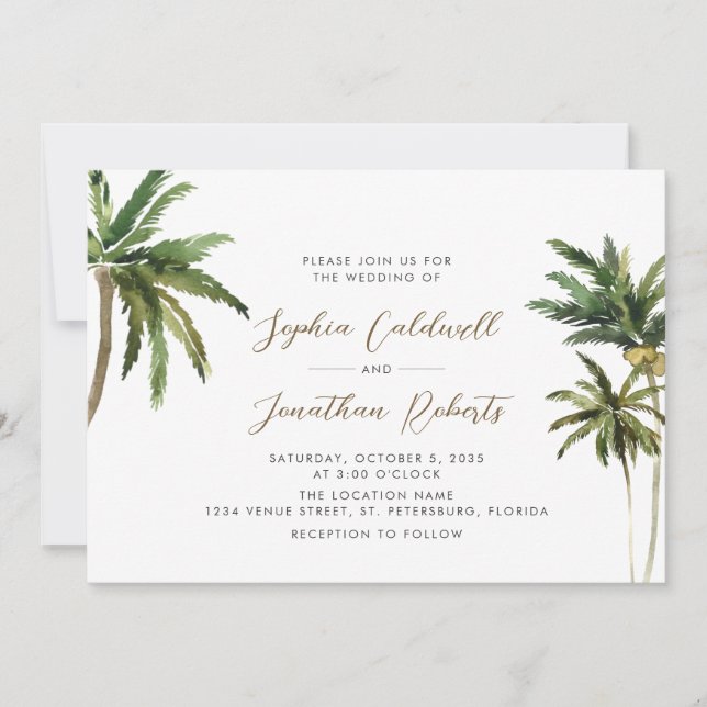 Invitation Palmiers tropicaux QR Code Destination Mariage (Devant)