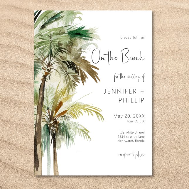 Invitation Palmiers tropicaux sur la plage Mariage moderne (Palm Trees Modern On the Beach Wedding Invitation)