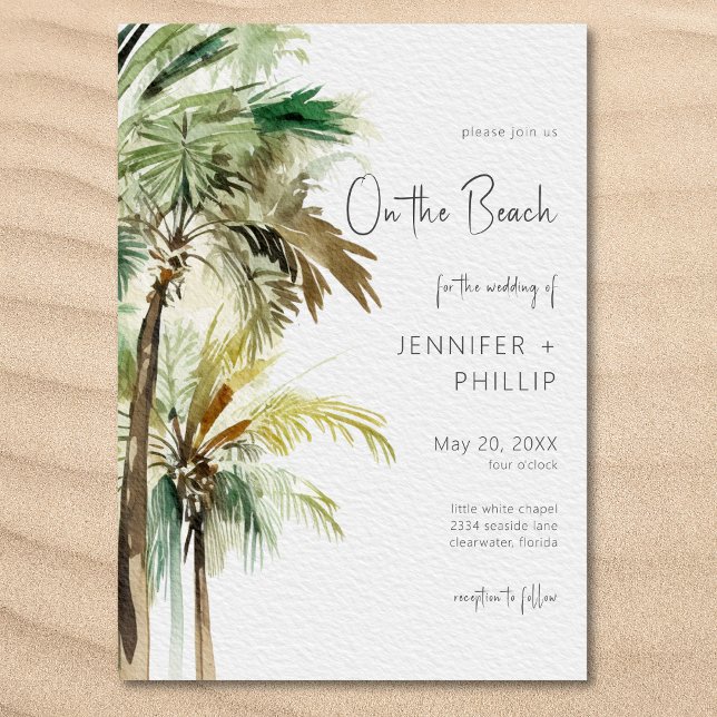 Invitation Palmiers tropicaux sur la plage Mariage moderne (Palm Trees Modern On the Beach Wedding Invitation)