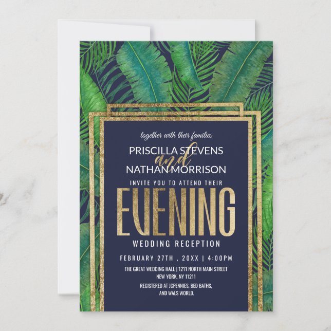 Invitation Palmiers tropicaux Verdure Gold Navy Blue Soirée (Devant)