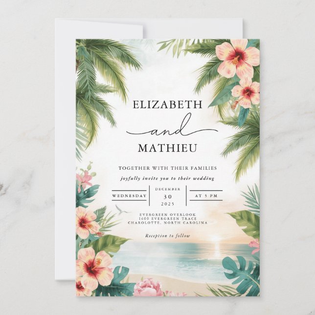 Invitation Palmiers vibrants Mariage d'arche en fleur de cora (Devant)