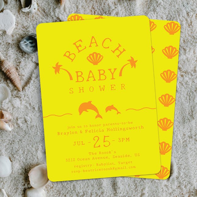 Invitation Palms & Dolphins Baby shower de plage Jaune & Oran (Créateur téléchargé)