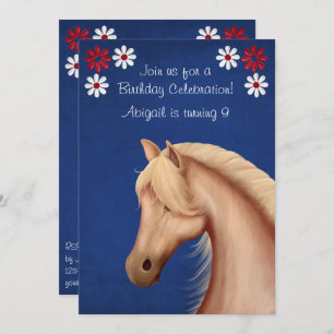 Invitation Palomino Pony Rouge Blanc Bleu Cheval Anniversaire