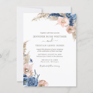 Invitation Pampa Aquarelle Bleu Bleu Boho Séché Mariage Dans