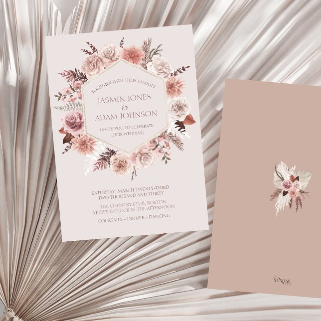 Invitation Pampa beige flou Mariage Boho floral (Boho Blush Pink Dried Flowers Wreath Wedding Invitation)