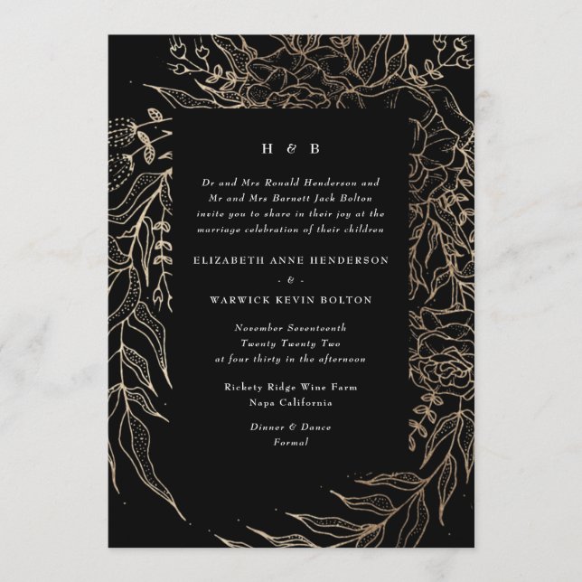 Invitation Pampa dorée Tuxedo Noir moderne Monogramme Wreath (Devant)