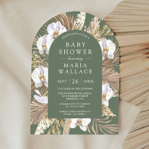 Invitation Pampa Orchidée Blanche Vert Sauge Arche Baby Showe
