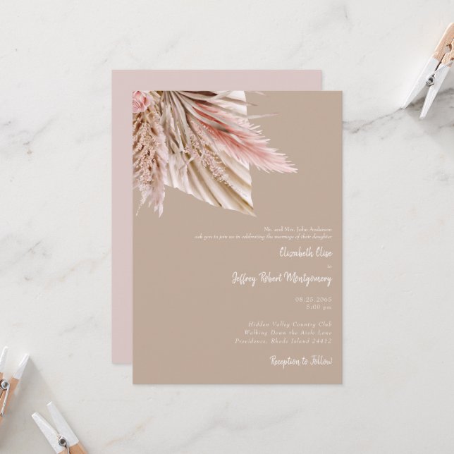 Invitation Pampas Aquarelle Wiseur Tan & Rose (Devant/Arrière en situation)